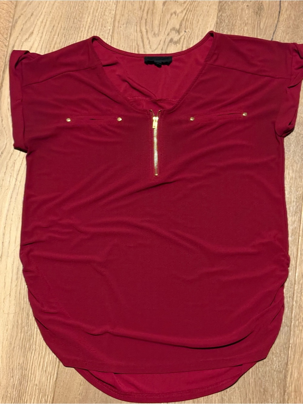 Sweet Wanderer Burgundy Short Sleeve Top with Gold Zip
